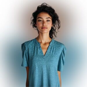 MSIEESO aqua blue green tshirt Tee size XL short puff sleeve Vneck spandex pleat